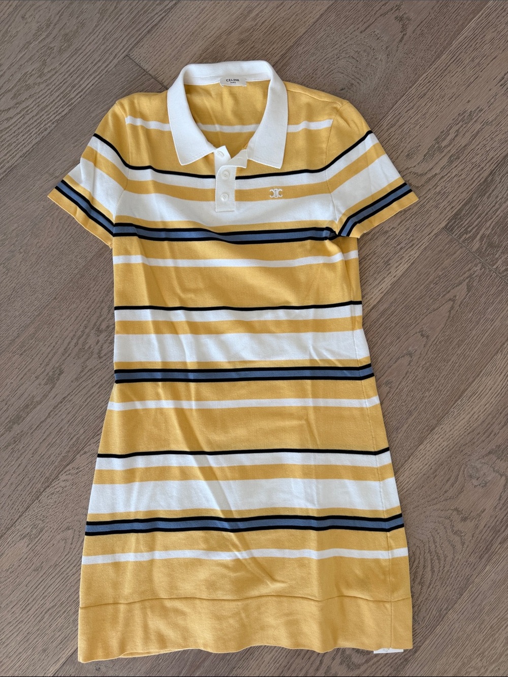 Celine Yellow, White and Black Striped Polo Mini Dress